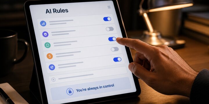 User touching toggle switch on tablet screen setting AI rules and guardrails with you are always in control banner