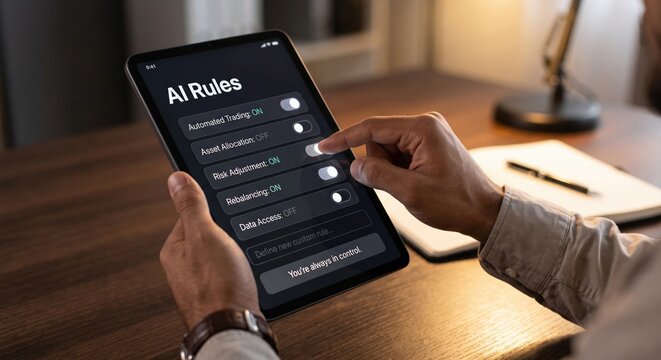User setting AI rules toggle switches on tablet screen defining risk adjustment and rebalancing governance with you are always in control text