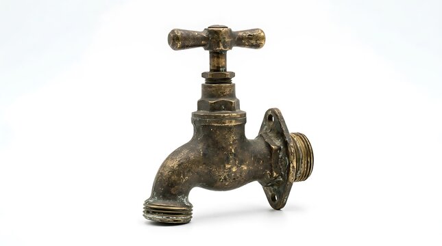 Vintage antique brass water faucet isolated on white background.