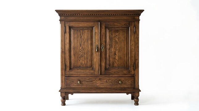 Vintage antique wooden cabinet with two doors and a drawer isolated on white background.