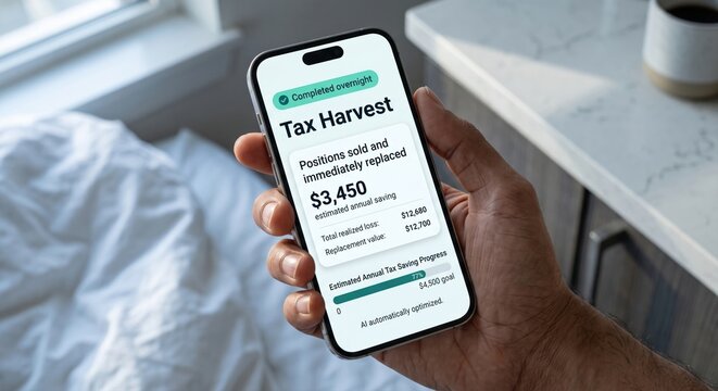 Close up of hand holding smartphone showing AI tax harvest completed overnight with estimated annual tax saving progress dashboard