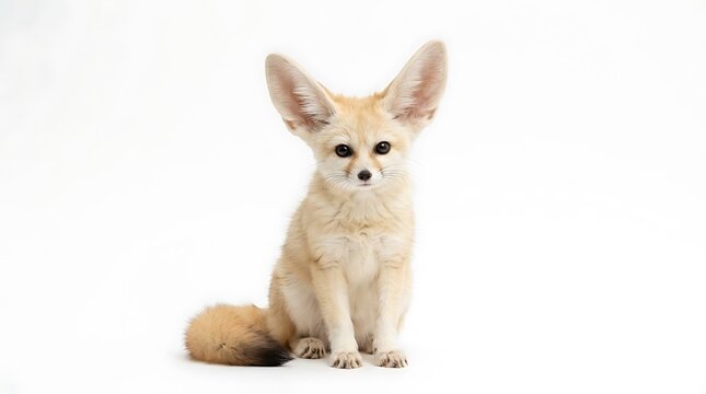 A beautiful fennec fox sitting on a white background.