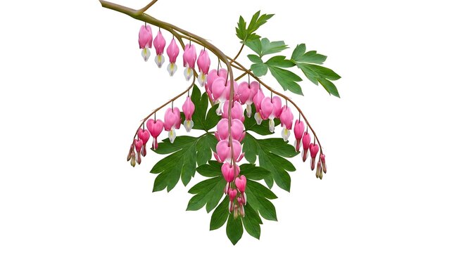 A beautiful branch of pink bleeding heart flowers with green leaves isolated on a white background.