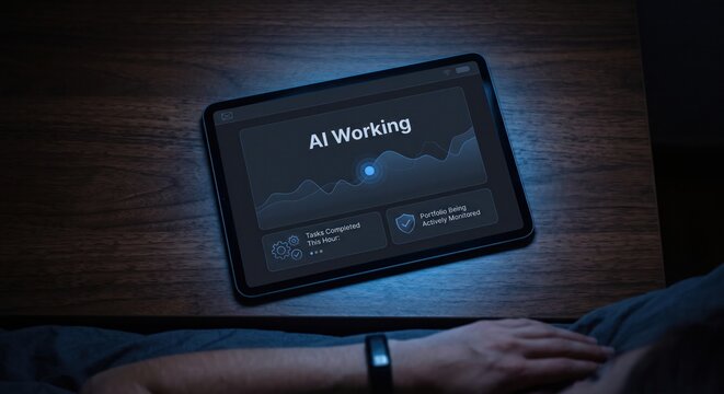 Tablet on bedside table displaying AI working dashboard for automated 24/7 portfolio monitoring while user sleeps