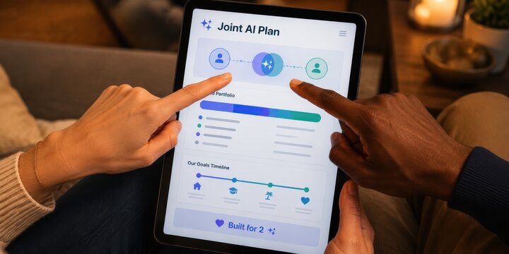 Couple touching tablet screen together planning financial goals on Joint AI Plan app with shared portfolio timeline