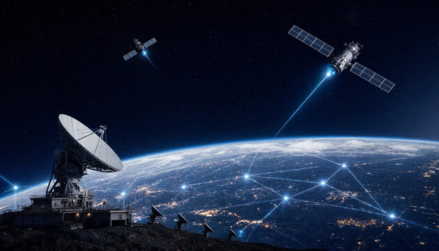 Satellite network beam connectivity to earth global telecommunication ground station infrastructure with satellite communication technology connection transmission infrastructure wireless