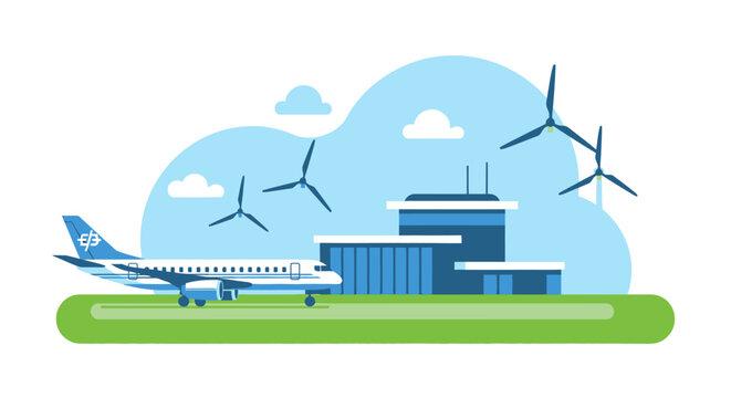 Sustainable Green Airport Illustration featuring Commercial Airplane on Runway and Wind Turbines for Eco-Friendly Renewable Energy Travel Concept