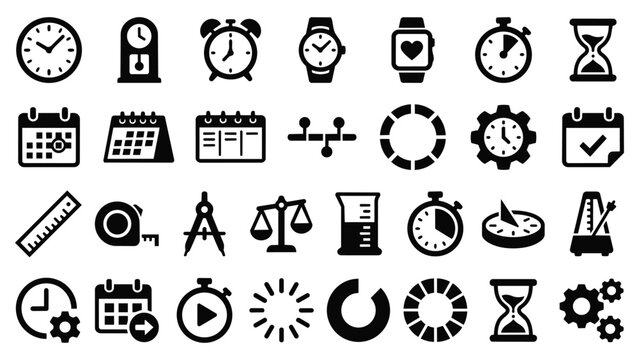 Set of time management and measuring equipment icons with schedule calendar measurement chronometer hourglass stopwatch calculation
