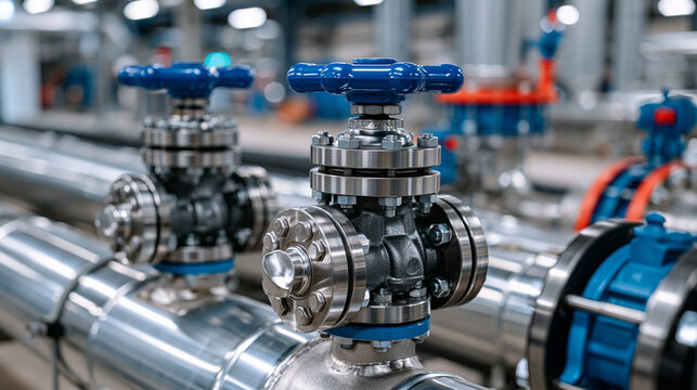 Industrial gas valves mounted on high pressure steel pipelines inside a clean processing plant, ultra photorealism, cinematic color correction, natural uneven lighting yet gentle backlight, soft ric