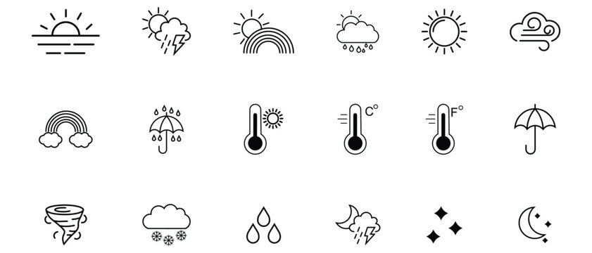 Collection of weather line icons. Containing wind, snow cloud, thunder storm, fog, sunny, humidity and more. Weather icon set featuring thermometers and heat temperature thermometer meteorology.
