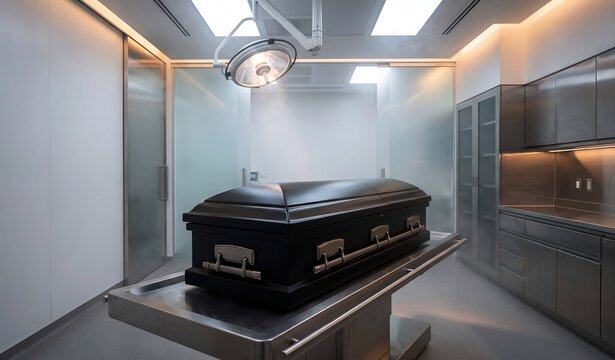 Modern Mortuary Autopsy Room with Closed Coffin on Examination Table in Professional Forensic Facility