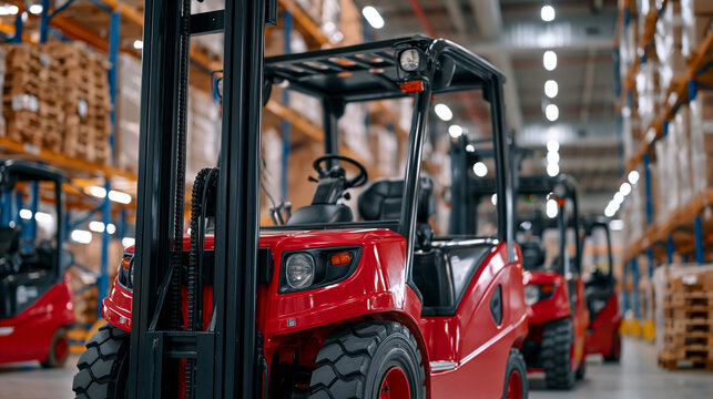 Interior warehouse scene with forklifts transporting pallets between storage zones and shipping docks, ultra photorealism, cinematic color correction, natural uneven lighting yet gentle backlight, s