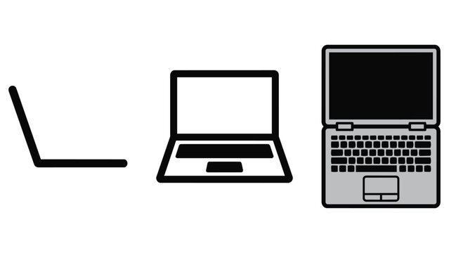 Set of black laptop icons in various perspectives and open states with computer notebook technology hardware interface business