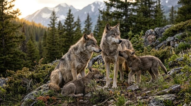 Group of Wolves Interacting in Forested Mountain Landscape