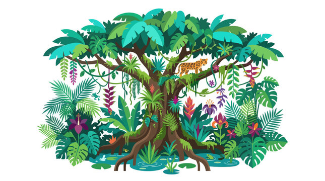 Jungle Ecosystem Tree Illustration with Tropical Plants and Leopard