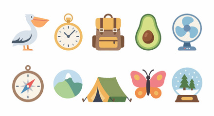 Colorful flat icons representing travel and nature themes. © mbak