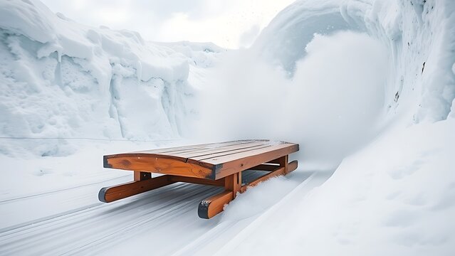 A wooden toboggan speeds down an icy chute, spraying snow into the air.