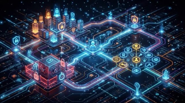 Digital cybersecurity network featuring glowing data connections, secure access icons, encrypted information flow, and advanced protection technology in vibrant futuristic digital security environment