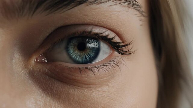 Woman with closed eye and natural lashes in studio setting with soft background