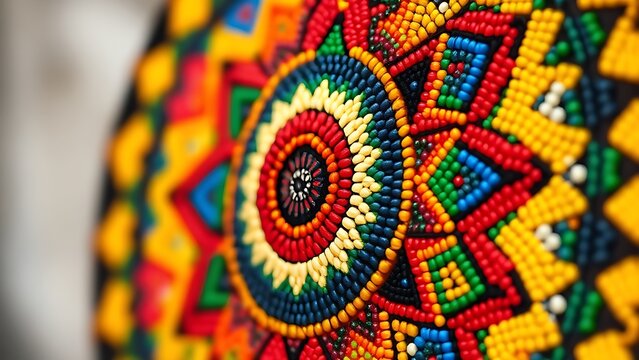 Traditional Zulu shield with vibrant, symmetrical beadwork, cultural artifact.