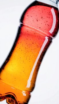 Electrolyte drink concept. Close-up of a plastic bottle filled with orange carbonated liquid, showcasing bubbles inside the bottle.
