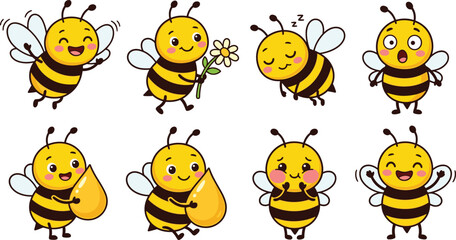 Cute Honey Bee Cartoon Character Sticker Set with Happy Bumblebee Mascots and Sweet Honey Drops for Children Education, Games, and Organic Food Brand Packaging © MDTaharul