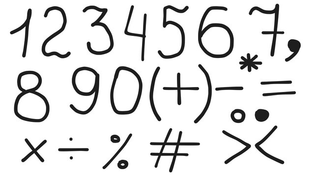 Collection of hand drawn numbers 0-9 and mathematical symbols including plus, minus, multiplication, division, equals, percent. Black sketchy doodle style vector icons isolated on white background.