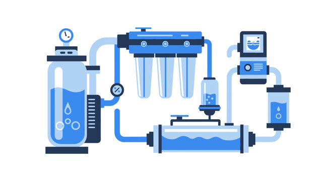 Water Purification System Vector Illustration: Industrial and Home Filtration Technology Schematic for Clean Drinking Water
