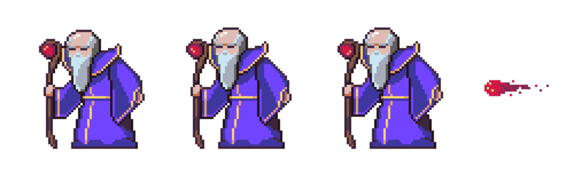 Pixel art old wizard character idle animation sprite sheet. Retro 8-bit magic mage casting fireball for 2D game.
