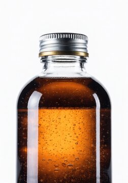 Electrolyte drink concept. Clear glass bottle filled with amber liquid and bubbles, sealed with a metal screw cap on a white background.