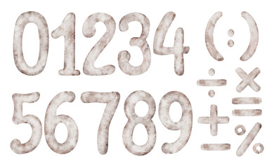Obraz premium Watercolor mathematical signs and numbers From one to nine and zero. Hand painted Math addition Plus, minus, multiply, divide, equal illustrations. Symbol clipart isolated on background