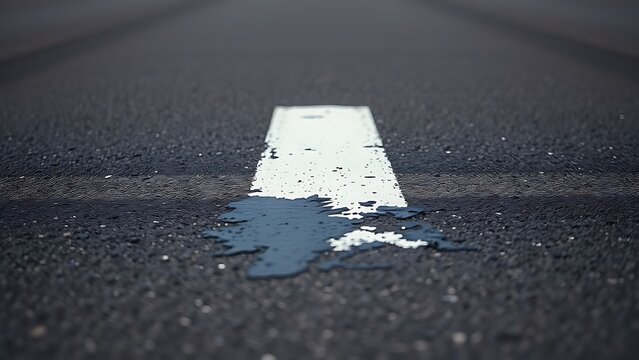 Close-up of a white road line on asphalt, a section painted over with black.