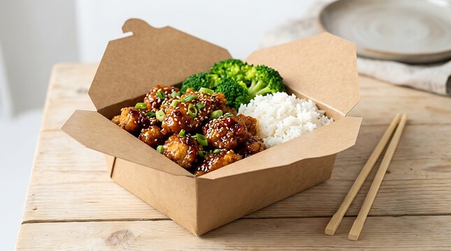 Stir fry beef with broccoli and white rice served in a brown paper takeaway box on wooden table. general tso chicken