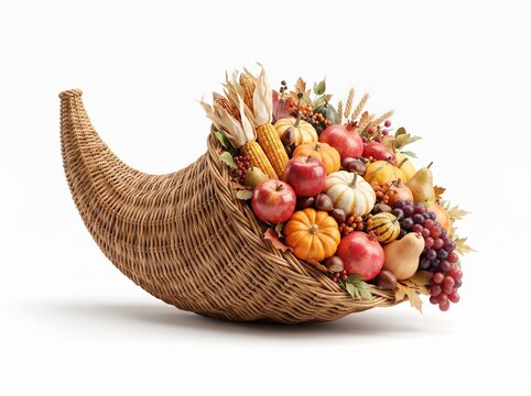 A traditional thanksgiving cornucopia basket filled with fresh fall harvest fruits vegetables and grains