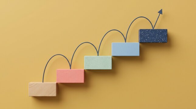 Colorful wooden blocks forming a rising stair graph with an arrow pointing up on a yellow surface background