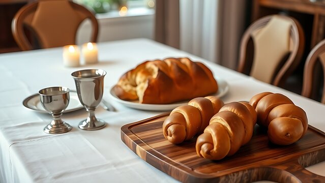 A Shabbat table set with a white linen cloth, silver cup, and braided challah bread, warm ambient light.