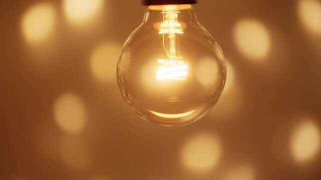 Slow motion close up of hanging incandescent light bulb glowing with visible filament against soft bokeh background in warm interior room