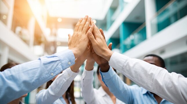 Diverse group of happy business people joining hands together in a high five gesture inside a bright office