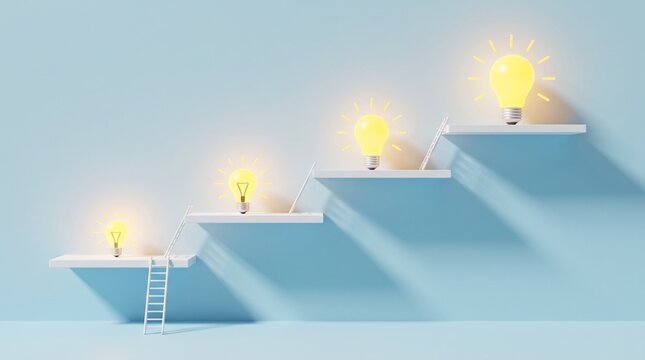 Three glowing light bulbs on wooden shelf steps with small ladders representing business growth and new ideas