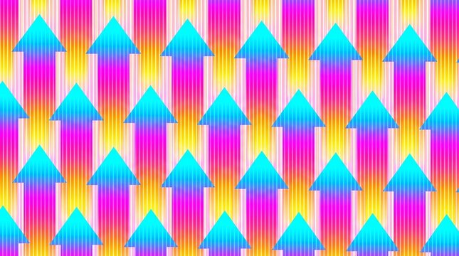 Abstract pattern with colorful arrows pointing up in neon pink blue and yellow colors on a bright background