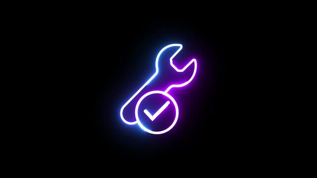 Neon wrench tool icon with check mark glowing on black background for industrial maintenance.