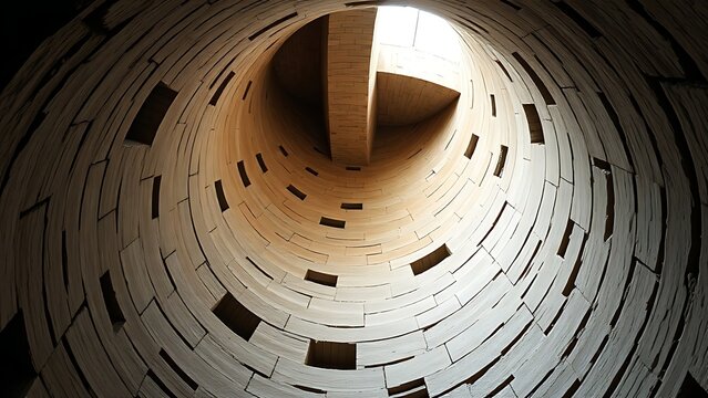 Interior of a round stone tower, corner where masonry walls curve inward to support the ceiling.