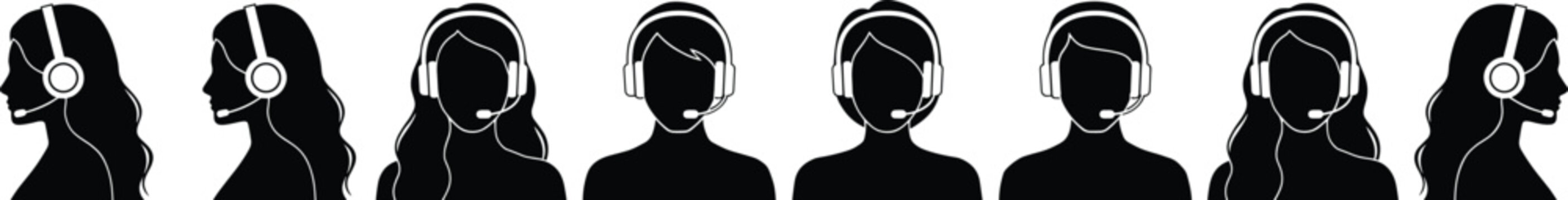 Customer Service Operator Silhouettes with Headsets and Microphones on White Background vector illustration