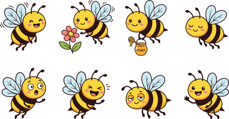 Naklejka premium Kawaii Honey Bee Cartoon Character Set with Cute Bumblebee Mascots Carrying Honey Pot for Children Education, Sticker Packs, and Organic Product Branding Layouts