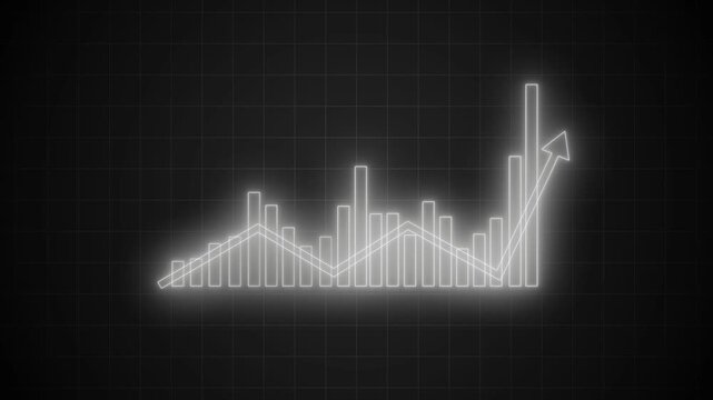 Neon-style histogram chart on black background with glowing edges, rising bars peaking mid-left then descending animation