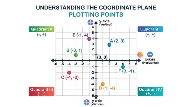 Coordinate plane with plotted points. Math chart showing Cartesian grid quadrants.