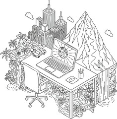 Fototapeta premium Isometric black and white line art illustration of a workspace integrated with nature and city elements.