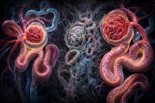 Chronic kidney disease nephron damage glomerulosclerosis, nephrology medical CGI illustration  showing glomerulosclerosis, tubular atrophy, interstitial fibrosis vs healthy nephron