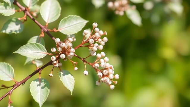 Close-up of silverberry branches with silvery leaves and pearl-like berries.
