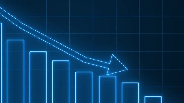 Neon-style bar chart showing descending bars with downward arrow animation